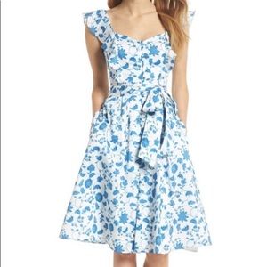 Gal Meets Glam Blue White Olivia Ruffle Floral Tie Dress Size 18